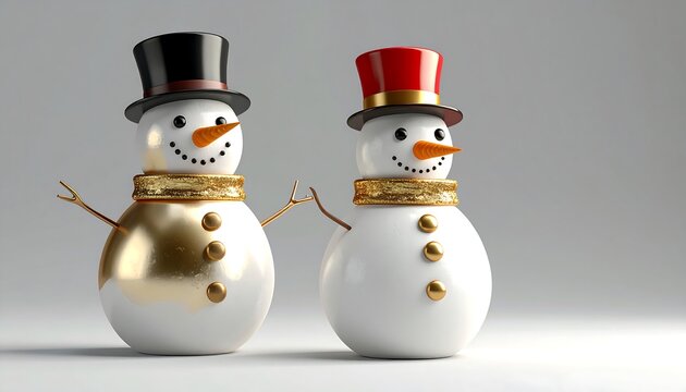 Two cheerful snowmen stand side-by-side. One is partially gold, both feature hats, scarfs, twig arms, and carrot noses