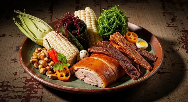 Corpus Christi Cusco, culinary still life of Chiri Uchu, the traditional festive dish, featuring roasted guinea pig, jerky, corn