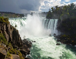 Fototapeta premium A large waterfall on a river surrounded by rocks and trees