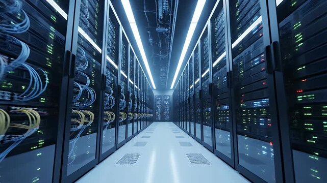 Data Center Server Room - Interior view of a data center server room with rows of servers in racks and glowing lights. The servers are connected with cables and have blinking lights.