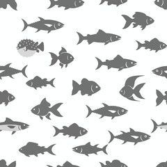 Obraz premium Diverse grey fish silhouettes swim across a white background in a repeating pattern