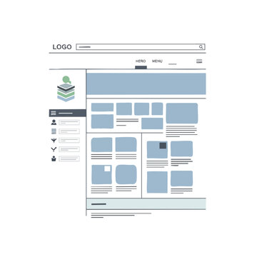 Website wireframe displaying a header, content blocks, and sidebar navigation with icons