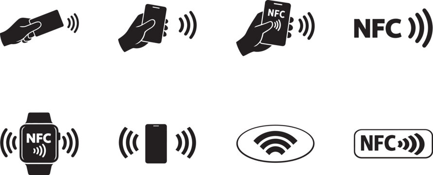 NFC wireless payment icon set with contactless, mobile pay and digital transaction symbols