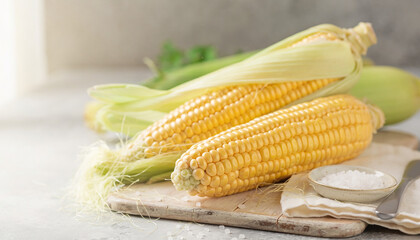 Fresh raw corn on the cob with husks and salt on a wooden board.