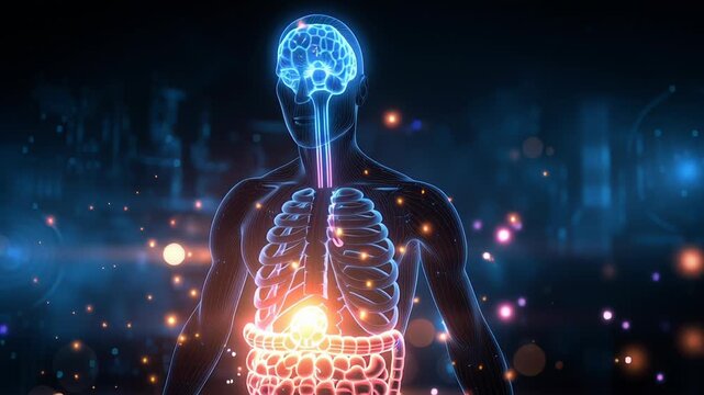 A half-body upper torso silhouette of a man with a transparent anatomical visualization. The glowing gut microbiome is visible inside the abdomen with vibrant bacteria particles, while a bright 