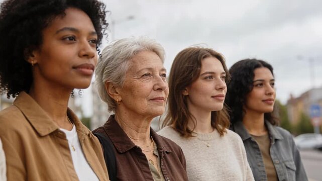 Diverse multiethnic women standing in an urban setting. Group of females of different ages and backgrounds looking forward. Empowerment and unity across generations concept