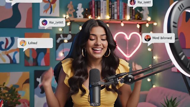 Female Influencer Live Streaming Animation - A smiling young woman with long brown hair is doing a live stream in her studio, with floating comment bubbles around her.