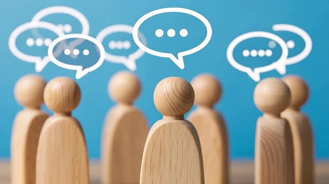Wooden figures with speech bubbles symbolizing communication or group discussion on a blue background.