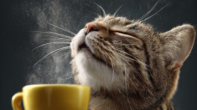 generate image of a cat drinking coffee