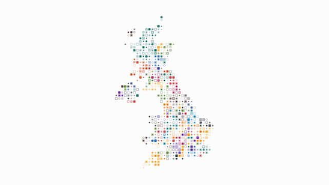 United Kingdom map animation. Shape of the country with pulsating colored dots. Small size rounded square blocks. Digital style United Kingdom map on white background. Awesome video.