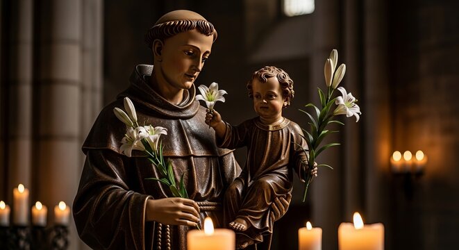 Feast of St. Anthony, wooden statue of Saint Anthony holding Child Jesus and white lilies, illuminated by flickering soft candlelight in a dim chapel