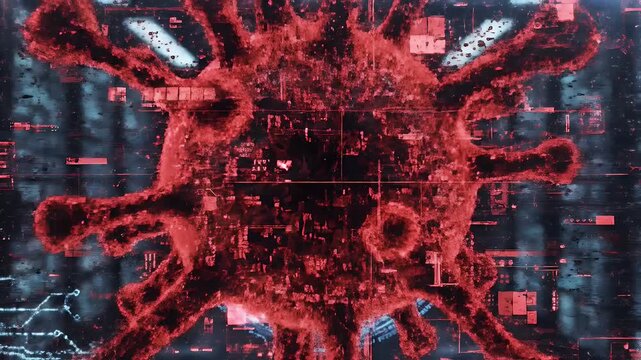 Futuristic Technical Virus Abstract - A red virus graphic is superimposed over a digital, futuristic technical background. It gives the impression of a digital issue or threat.