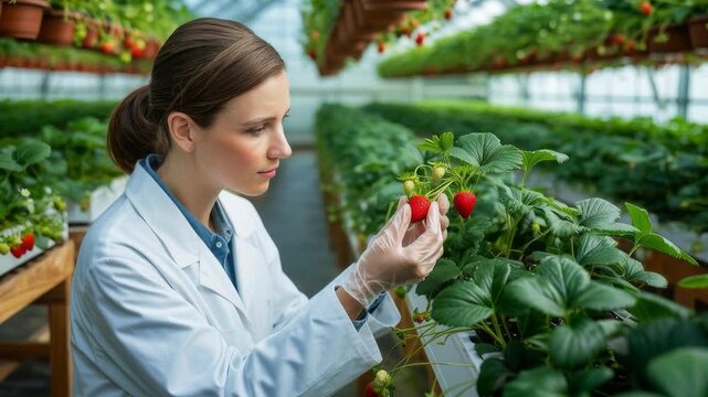 Woman scientist inspecting strawberries in a greenhouse with rows of healthy plants and hanging pots.