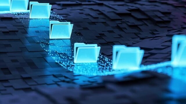 Glowing digital folders flowing along a neon data stream on a dark futuristic grid background.