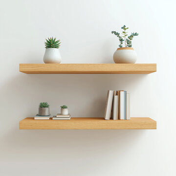 Two clean wooden shelves are mounted on a white wall, each holding decorative items like potted plants and books