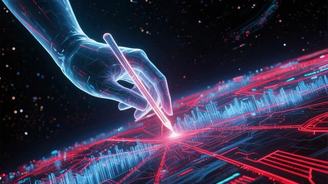 A robotic hand uses a stylus to interact with a glowing digital surface, representing advanced technology, artificial intelligence, and futuristic data visualization concepts.