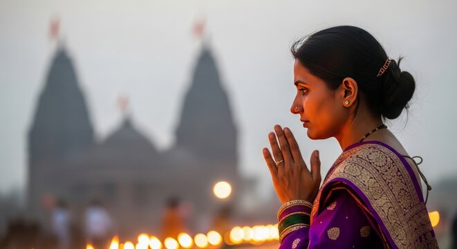 Ganga Mahotsav, Side profile of a devotee in a vibrant purple and gold silk saree, hands folded in prayer, soft candlelight reflecting on her face, blurry temple silhouettes