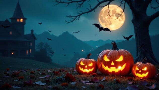 Spooky Halloween night scene Bats fly around carved pumpkins , october, wings, spooky night