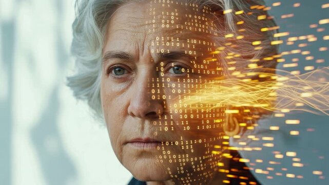 Close-up of an elderly woman with digital binary code and glowing data streams overlaying her face, symbolizing AI and technology.