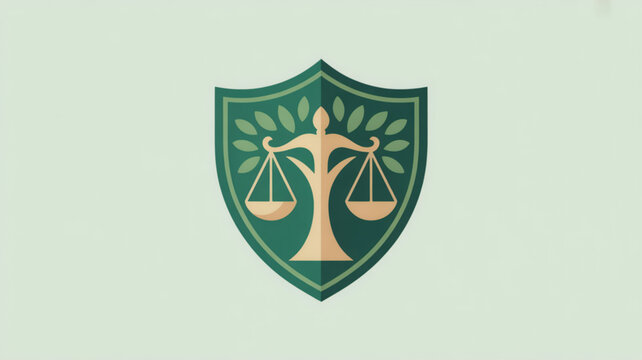 Green shield logo with gold scales and tree symbolizing justice and growth on light green background