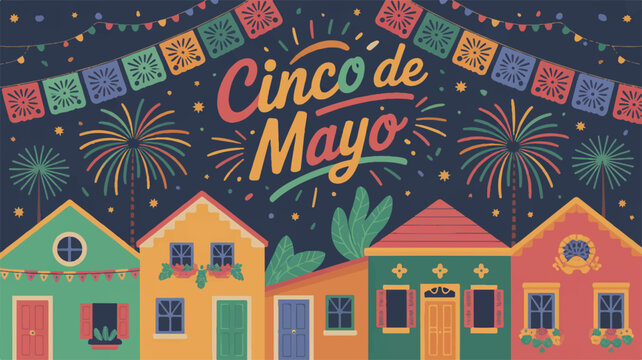 Vibrant cinco de mayo celebration background with colorful houses fireworks and papel picado banners at night
