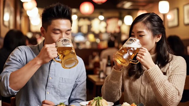 Couple Toasting with Beer Mugs - A young couple in a restaurant are holding and drinking from large beer mugs. They appear to be toasting to each other with their golden beers.