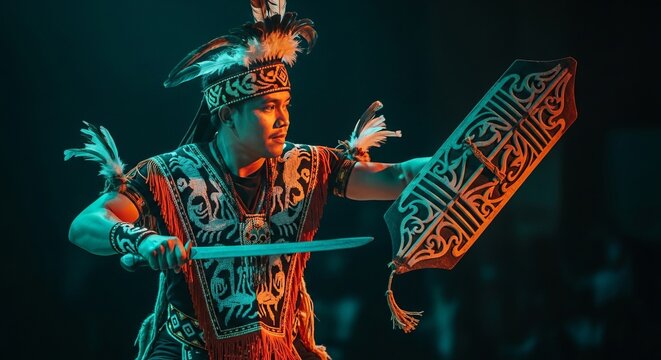 Gawai Dayak, a male dancer performing Tari Ngajat, holding a carved Telawang shield and Mandau sword