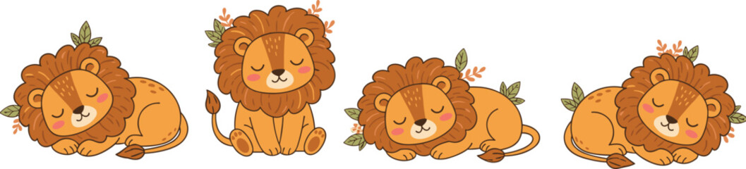 Vector illustration of cartoon lions sleeping with leafy manes in warm, cozy, nature-inspired design © MSTSORIFA