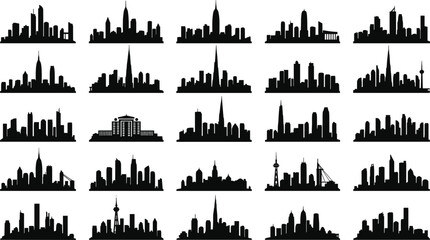 Obraz premium Twenty- Five Black Silhouettes of Diverse City Skylines and Skyscrapers Keywords: city, skyline, urban, architecture, buildings
