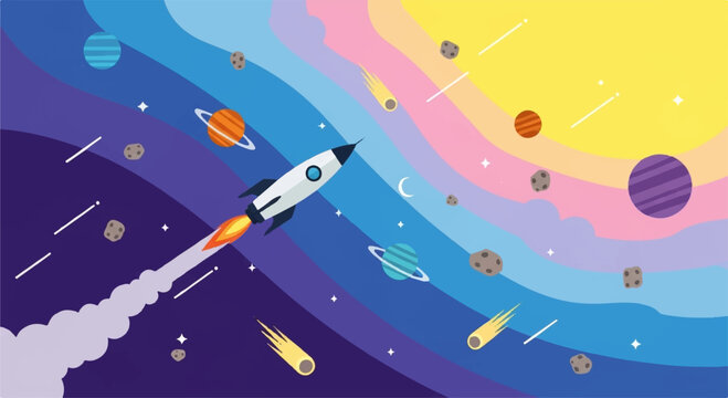 Space rocket blasting off into colorful galaxy with planets and stars cosmic adventure background