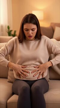 Young Woman Experiencing Severe Stomach Pain While Sitting on Sofa