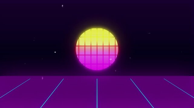 Retro 80s Synthwave Background with Neon Sun and Grid Floor