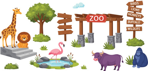 Zoo Entrance Cartoon Vector Set with Animals Giraffe Lion Gorilla Buffalo Flamingo Trees Pond and Wooden Direction Signs © MstMinara