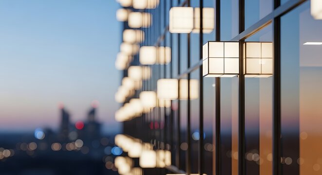 Modern building facade with glowing square light fixtures at twilight. Smart city lighting and architectural design. Illuminated windows reflecting urban sunset glow