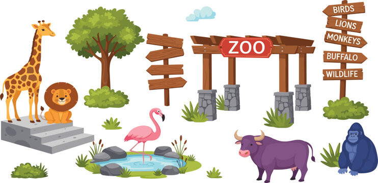 Zoo Entrance Cartoon Vector Set with Animals Giraffe Lion Gorilla Buffalo Flamingo Trees Pond and Wooden Direction Signs