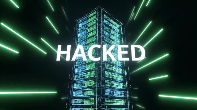 Hacked Server Tower with Neon Lines - This video shows a data server tower that looks glitched and has the word "HACKED" in front of it with the same distortion effect.