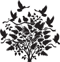 Fototapeta premium Silhouette of a tree with flying birds, ribbons, and foliage, vector illustration
