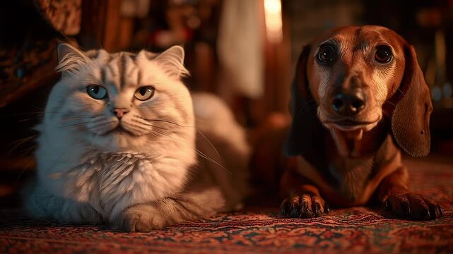 Soft pastel glow with an Exotic Shorthair Cat beside a Dachshund Dog, Soft light bathes two animals resting together. Cat gazes upward with calm, blue eyes. Dachshund lies beside it, quiet 