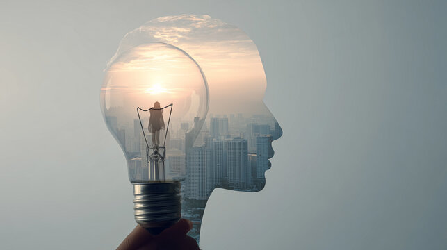Business creativity concept with double exposure human profile