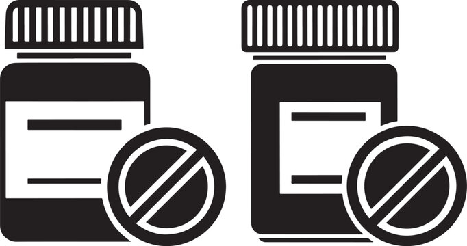 Pill bottle icons with prohibition sign, no medication allowed, health warning, restricted drugs, vector illustration, Over The Counter