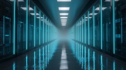 Fototapeta premium Technology server room interior with reflections