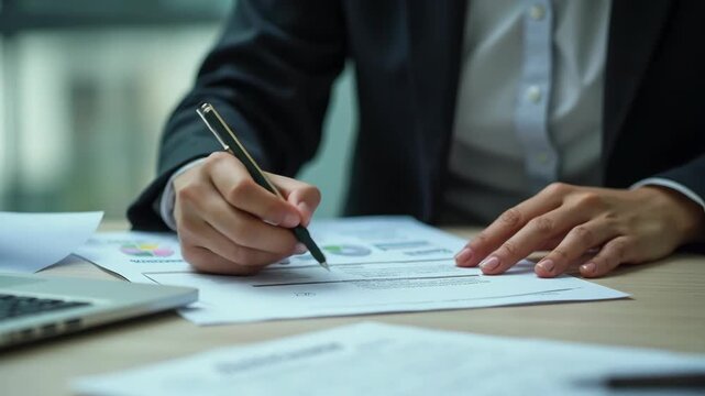 Close-up of a business professional signing important documents at a desk, with financial charts and a laptop visible. Office environment, paperwork, and deal concept.