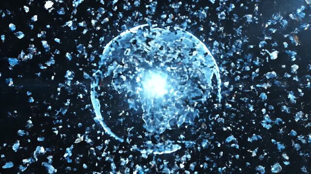 Globe Breaking Abstract - A globe appears to shatter into many small pieces, creating a sense of destruction or digital decay. The broken fragments create an abstract design against a dark background.
