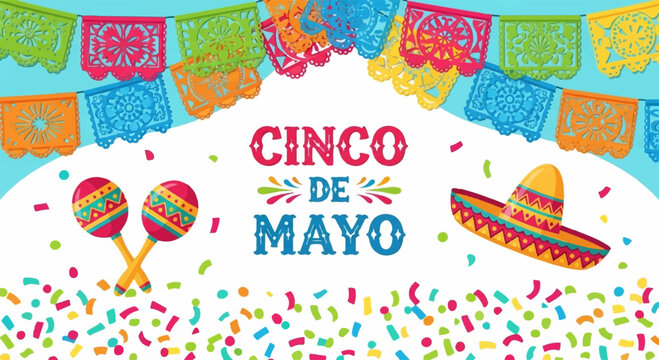 Vibrant cinco de mayo celebration background with sombrero maracas confetti