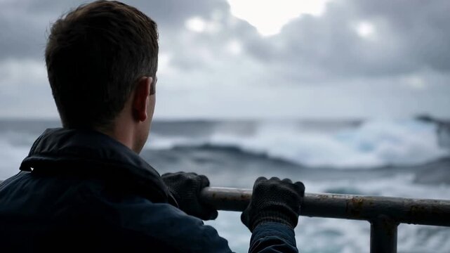 A person stands on a ship deck holding onto the railing while watching ocean waves during an overcast day. The scene shows the motion of the waves and the horizon line