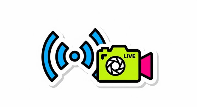 Live streaming video camera icon with Wi-Fi signal symbol, broadcasting technology and online communication concept