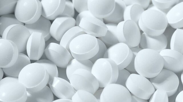 Top view close up of many white pharmaceutical tablets or supplement pills background