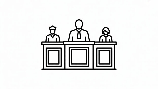 Three people sitting at a desk in a formal meeting or conference setting with a judge or moderator