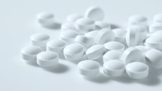Close up of white pharmaceutical tablets and supplement pills on a clean background