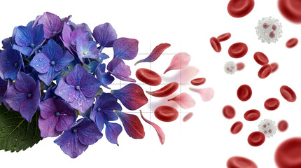 Obraz premium Hydrangea flower petals morphing into blood cells microscope view white background